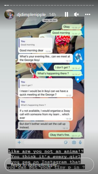 Screenshot of the alleged chat between DJ Dimple and D'Prince