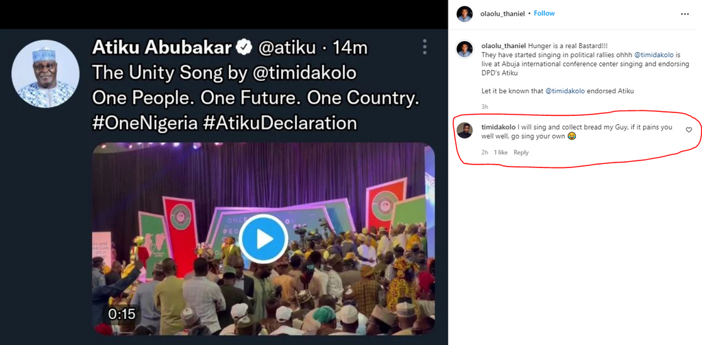 I will sing and collect bread - Timi Dakolo replies man who criticised him for performing for Atiku. [Instagram:olaoluthaniel]