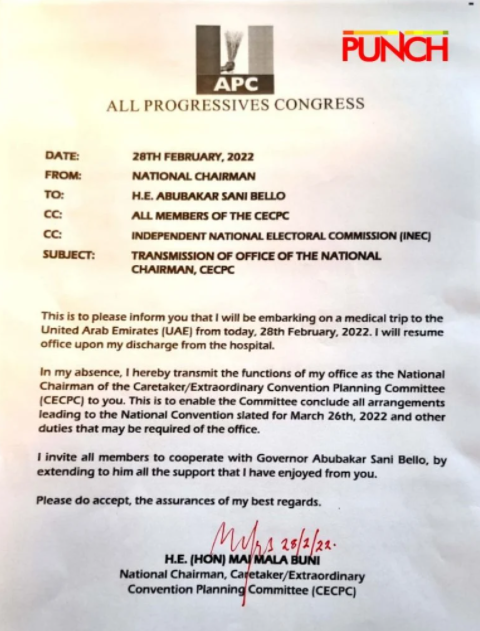APC crisis: I'm coming back to take over, Buni tells Bello in leaked letter. [Twitter:Punch]