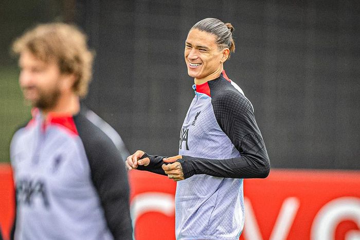 Darwin Nunez smiling during a training session in Liverpool.