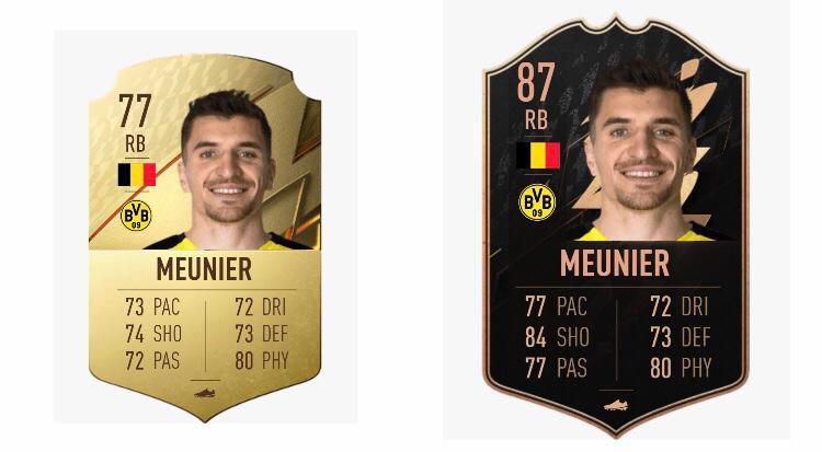 Thomas Meunier FIFA 22 OPR (Left) and TOTW Upgrade (Right)