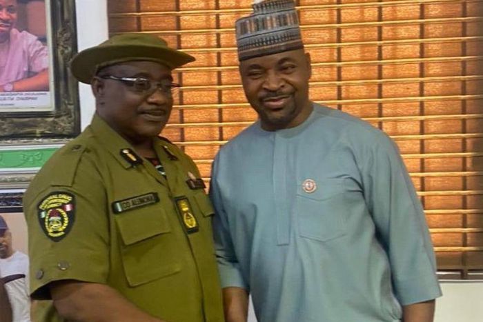 NDLEA Lagos commander, Mr Callys Alumona with Lagos state NURTW Chairman, Mr Musiliu Akinsanya, aka MC Oluomo. [Twitter]