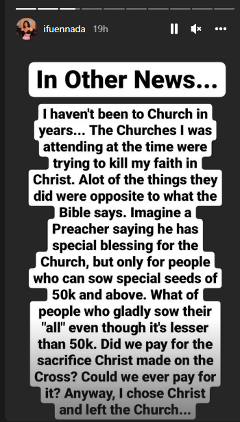 BBNaija Ifuennada says she stopped going to church after pastor put a price tag on his prayers
