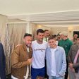 Novak Djokovic flanked by Neymar and Marco Verratti