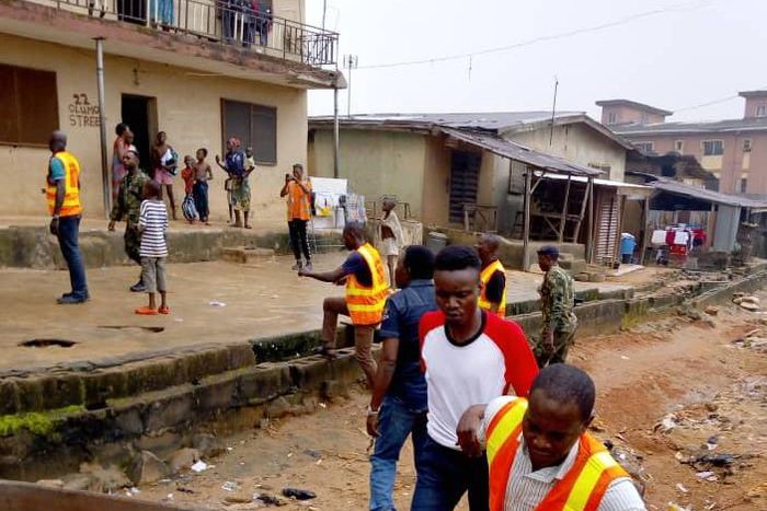 Lagos Waste Management Authority (LAWMA) enforcement team effecting arrest of some of the parents of culprits of illegal dumping of waste in the drainage during the last Thursday’s heavy downpour at Olumo street, Off Alabede, street, Pipeline, Aboru, A...