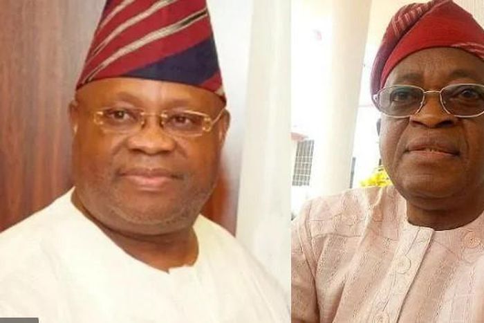 Governorship candidate of the PDP, Ademola Adeleke and Osun state govenor, Adegboyega Oyetola (Punch)
