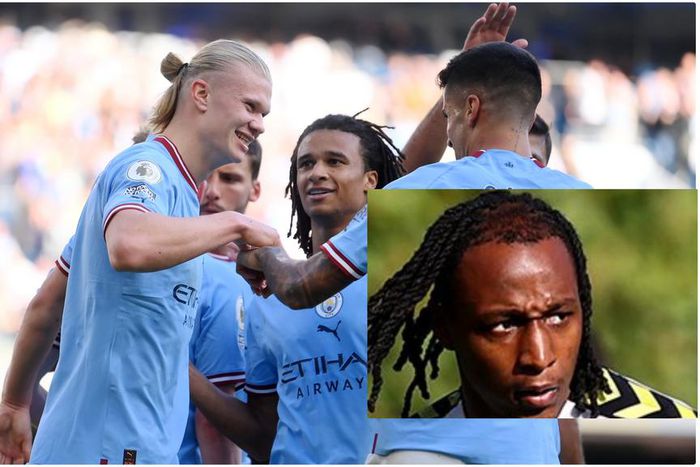 Erlind Haaland and Manchester City celebrate with Joe Aribo (inset).