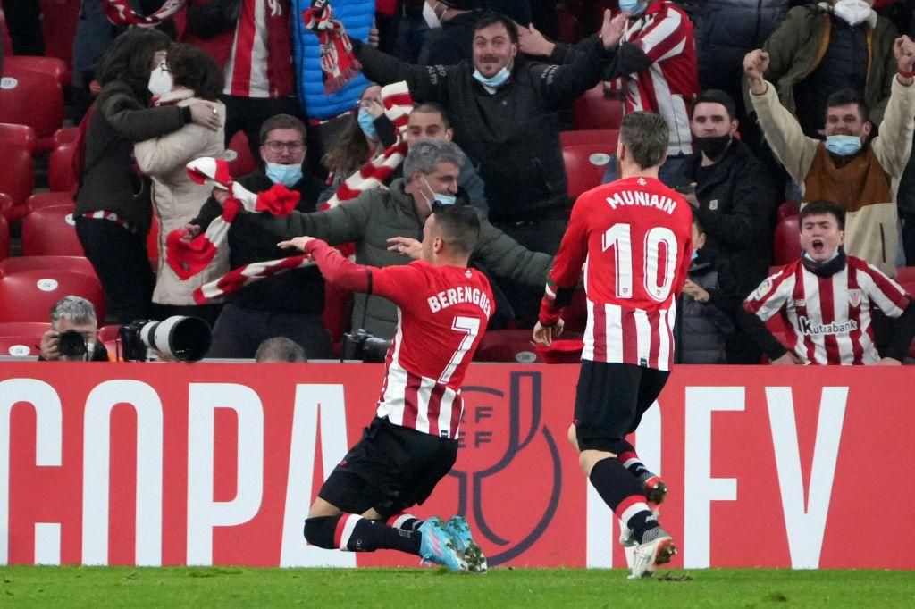 Alex Berenguer (left) celebrates scoring Athletic Bilbao's late winner against Real Madrid on Thursday.