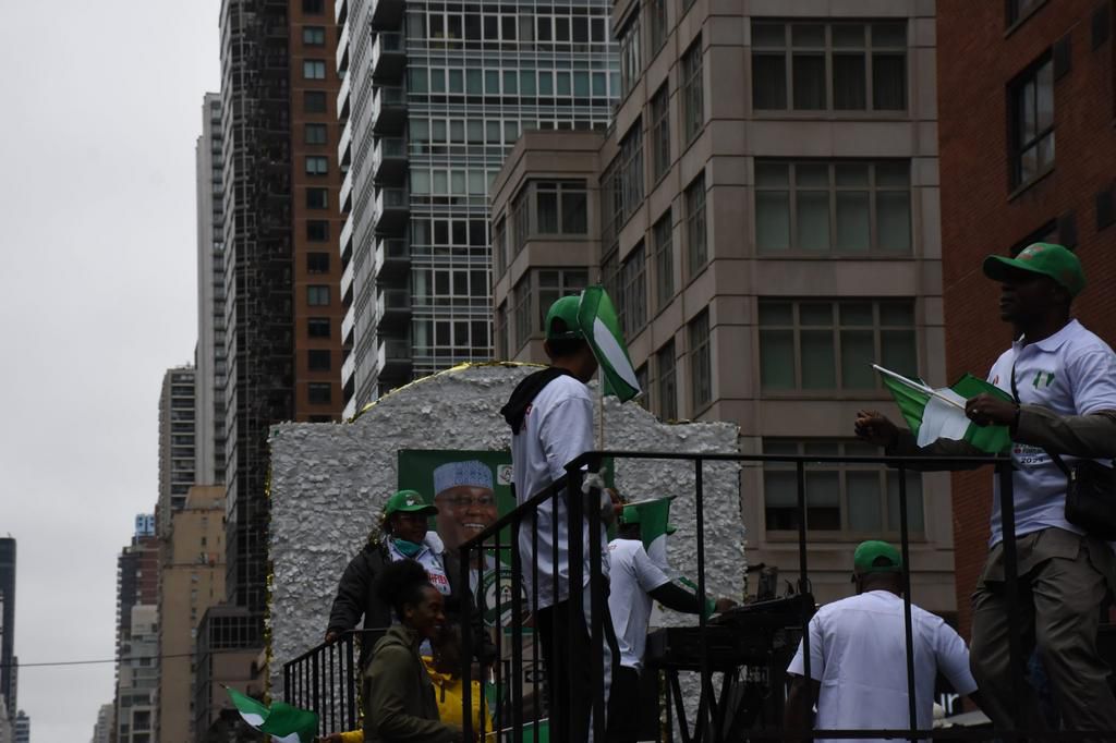 Atiku Abubakar support group float at a parade to commemorate the 62nd Independence Day in New York on Saturday in New York.