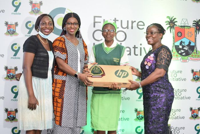 L-R: Education Officer, Lagos State Civil Service Senior College, Igbogbo, Mrs. Stella Obasuyi; PR Lead, 9mobile, Chineze Amanfo; Winner of the 9mobile Future CEO Initiative Speaking Competition, Okorie Jane Francis representing Lagos State Civil Servi...