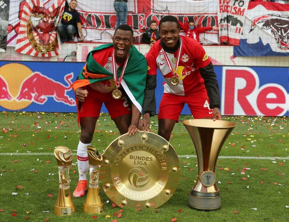 Leicester bound - Zambia forward Patson Daka (L), pictured with compatriot Enock Mwepu celebrating Salzburg's Bundesliga title on May 22,