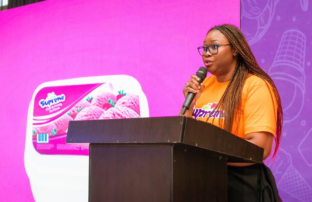 Adebola Williams, General Manager, Marketing, UAC Foods Limited, unveiling the new Supreme Ice-Cream logo, label and tub at the Supreme Ice-Cream relaunch event held in Lagos.