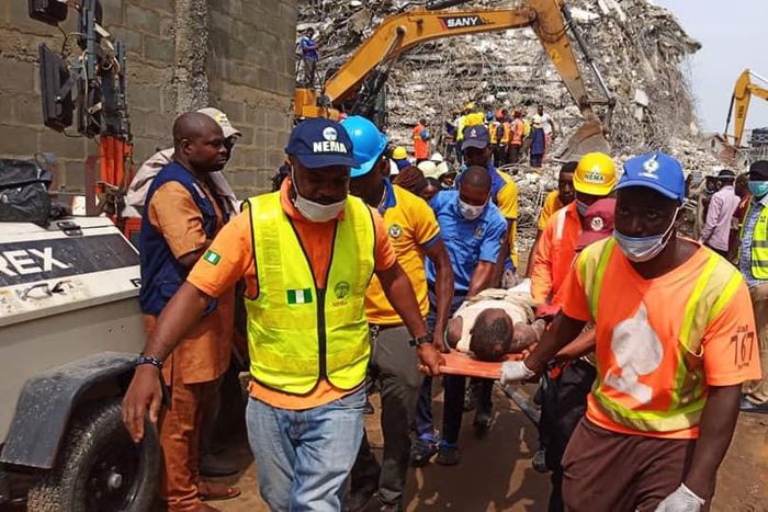 A survivor rescued from the rubble of the building that collapsed in Ikoyi, Lagos [LASEMA]