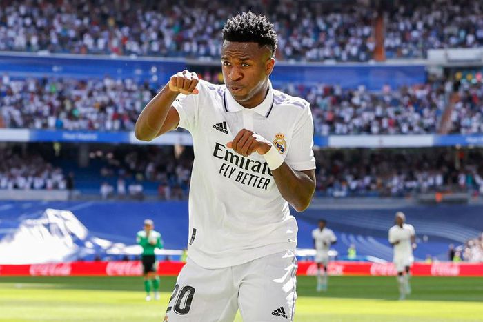 Vinicius Jr celebrates scoring a goal for Real Madrid by dancing
