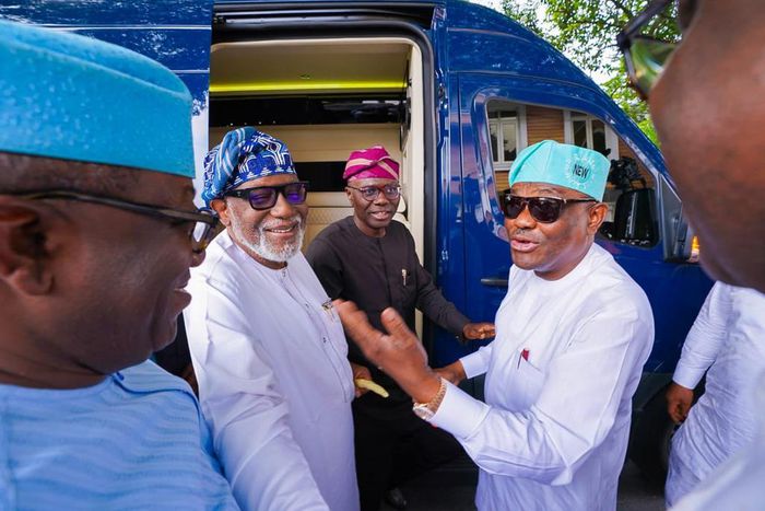 Governor Nyesom Wike receives three APC Governors; Kayode Fayemi of Ekiti, Babajide Sanwo-Olu of Lagos, and Rotimi Akeredolu of Ondo states at his Port Harcourt residence on Friday, July 8, 2022. [@OvieNews]