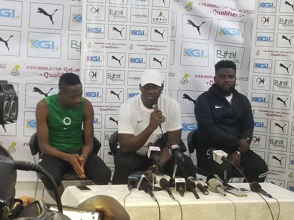Super Eagles captain Ahmed Musa (L), head coach Augustine Eguavoen (C) and media officer Babafemi Raji (R) at the press conference in Ghana