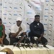 Super Eagles captain Ahmed Musa (L), head coach Augustine Eguavoen (C) and media officer Babafemi Raji (R) at the press conference in Ghana