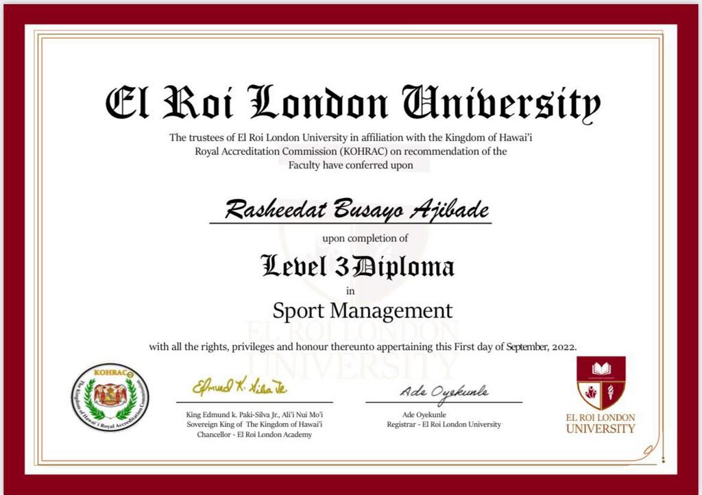Ajibade's diploma in Sports Management.