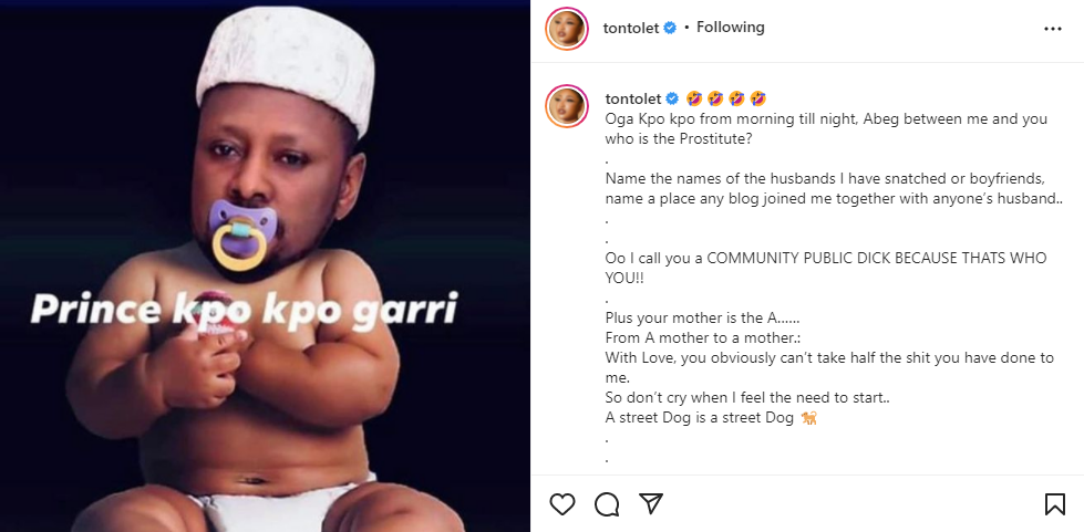 In a swift response, Dikeh called the activist several names including dragging his mother.