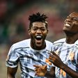 Max-Alain Gradel (R) celebrates after scoring Ivory Coast's goal against Equatorial Guinea