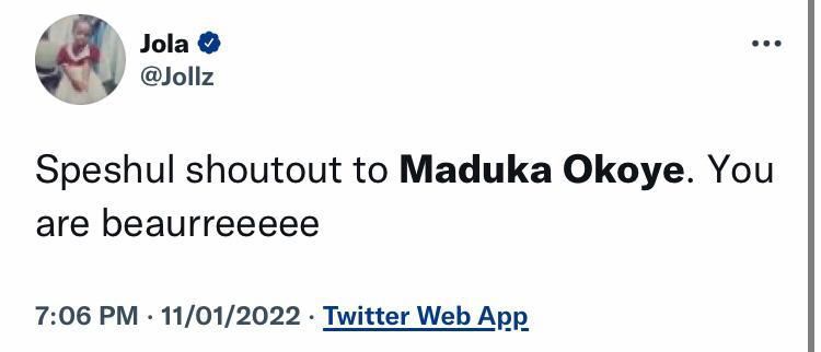 Jola giving yet another shout out to Maduka Okoye
