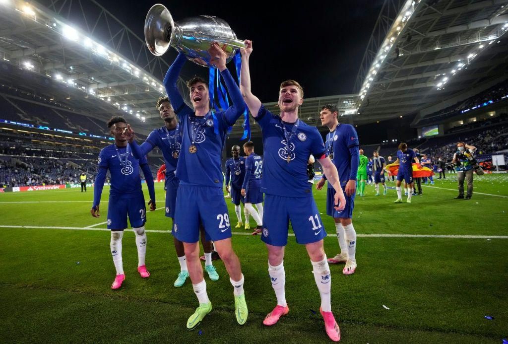 Chelsea's Germany stars Kai Havertz (L front) and Timo Werner (R front) celebrate winning the Champions League final last Saturday