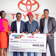 L-R  Convener of Unusual Fest, Alex Unusual; General Manager at Toyota Nigeria Limited, Bunmi Onafowokan; winner of Own-the-Dream Competition, Lawrence Lasisi Yskid; and Head of Services at Toyota Nigeria Limi