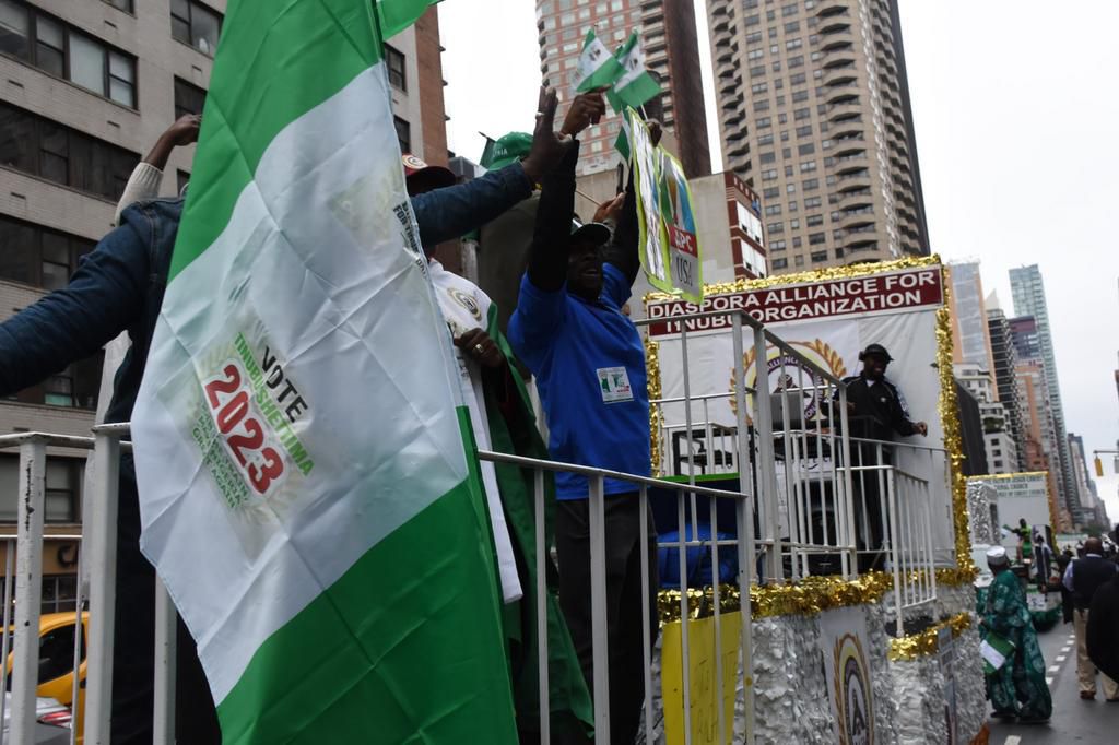 Atiku Abubakar support group float at a parade to commemorate the 62nd Independence Day in New York on Saturday in New York.