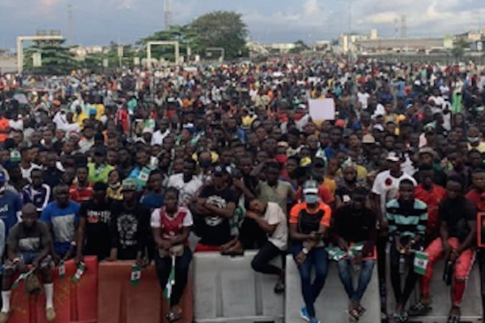 #EndSARS protesters at Lekki Tollgate protesting against police brutality and bad governance in Nigeria (ThisDay)
