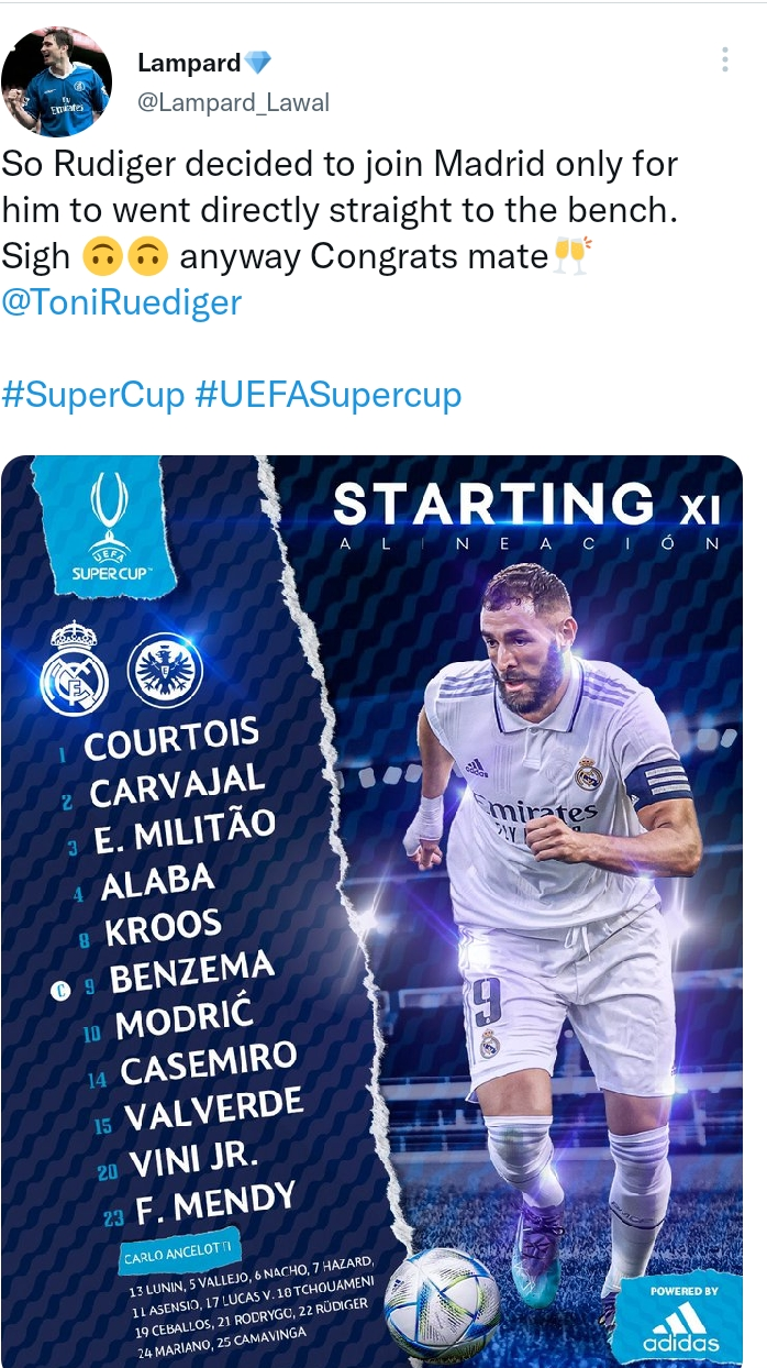 Fans troll Antonio Rudiger for sitting on the bench.