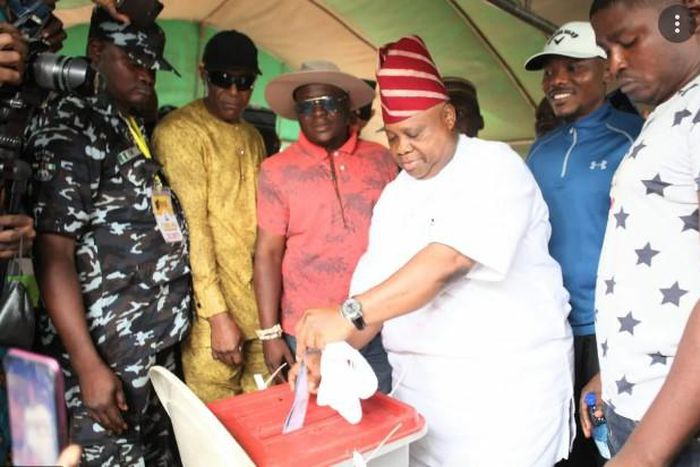 Senator Ademola Adeleke is the frst among the 15 contestants to vote (Punch)