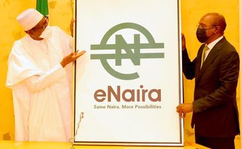 L-R: President Muhammadu Buhari; and CBN Governor, Godwin Emefiele at the launch of e-Naira [Presidency]