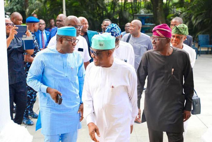 Governor Nyesom Wike receives three APC Governors; Kayode Fayemi of Ekiti, Babajide Sanwo-Olu of Lagos, and Rotimi Akeredolu of Ondo states at his Port Harcourt residence on Friday, July 8, 2022. [@OvieNews]