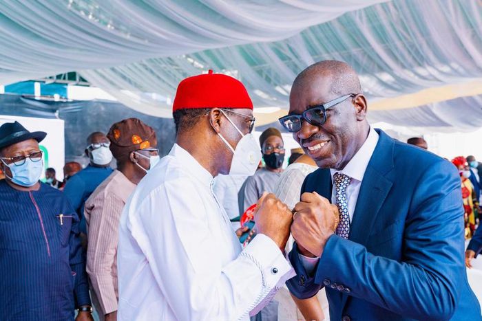 From Left: Governor Ifeanyi Okowa of Delta State exchanging greetings with Governor Godwin Obaseki of Edo State. (Delta State Govt)