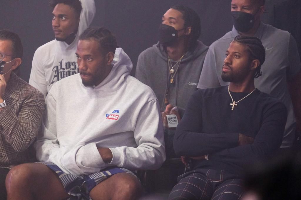 Kawhi Leonard and Paul George in September at the groundbreaking of the Clippers' new arena, the Intuit Dome, set to open in 2024.