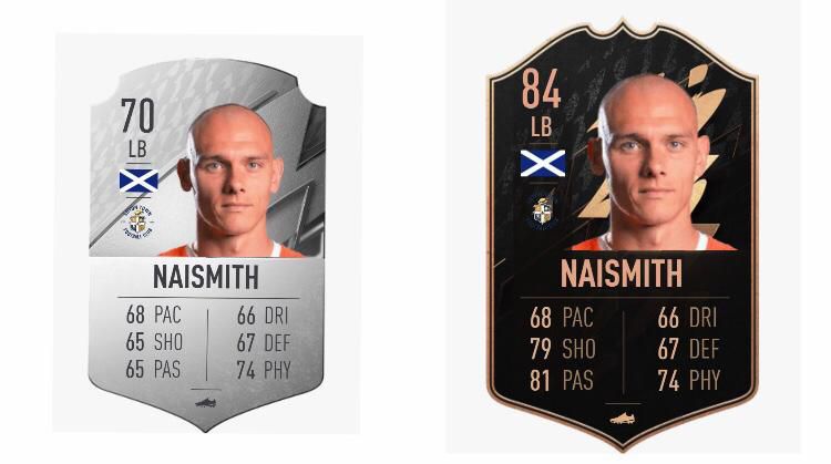 Kal Naismith FIFA 22 OPR (Left) and TOTW Upgrade (Right)