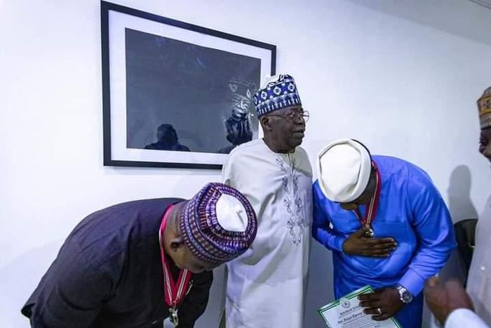 2 APC senators take National Awards to Tinubu. [Facebook:OpeyemiBamidele]