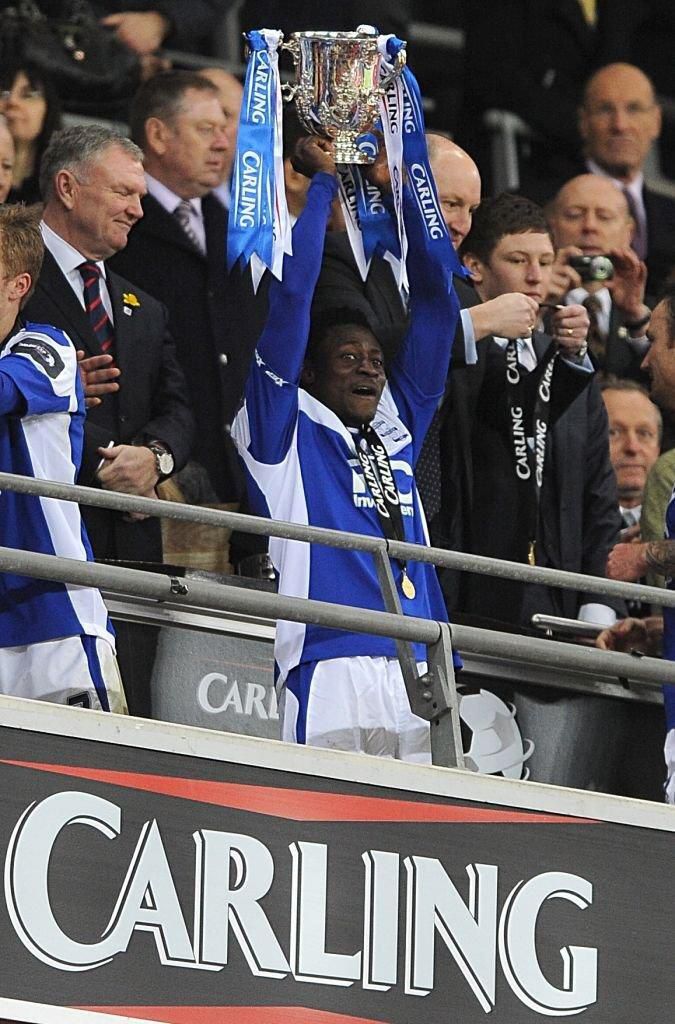 One of the most decorated Super Eagles players of all time, Obafemi Martins celebrates Birmingham City's League Cup victory