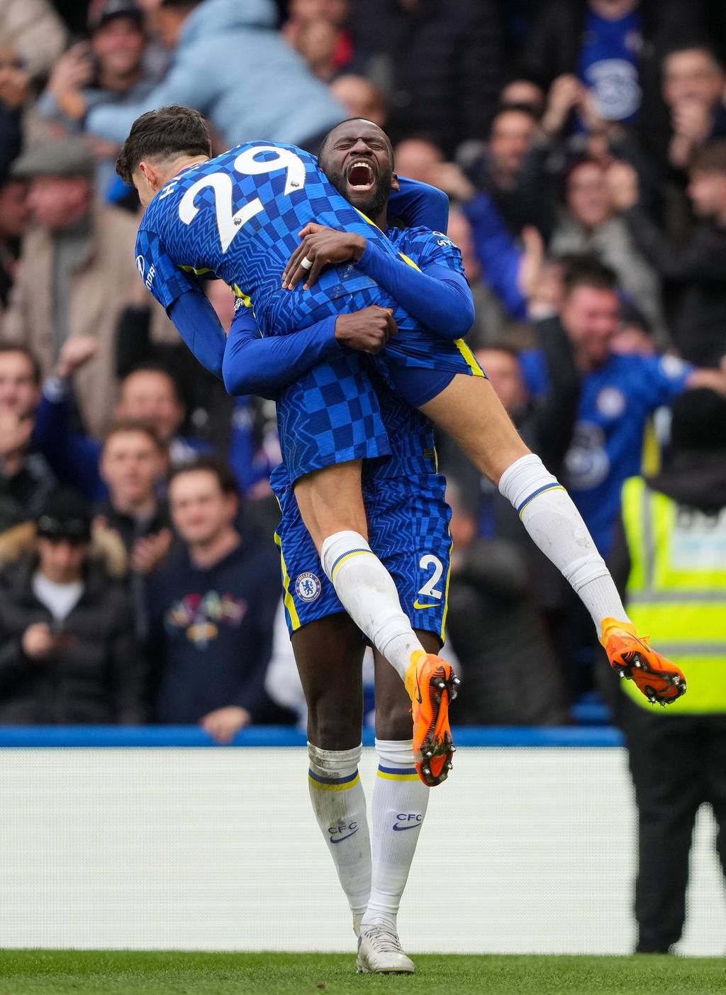Chelsea defender Antonio Rudiger celebrates with kai Havertz after his goal against Newcastle on Sunday