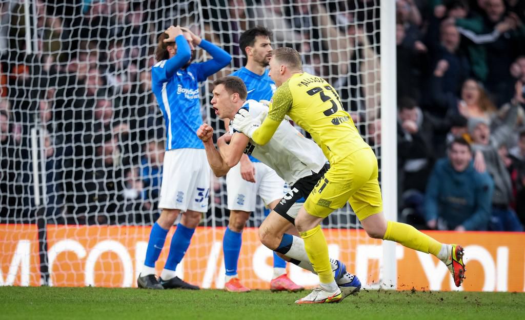 Krystian Bielik of Derby County celebrates his late equaliser against Birmingham City  with Goalkeeper Ryan Allsop