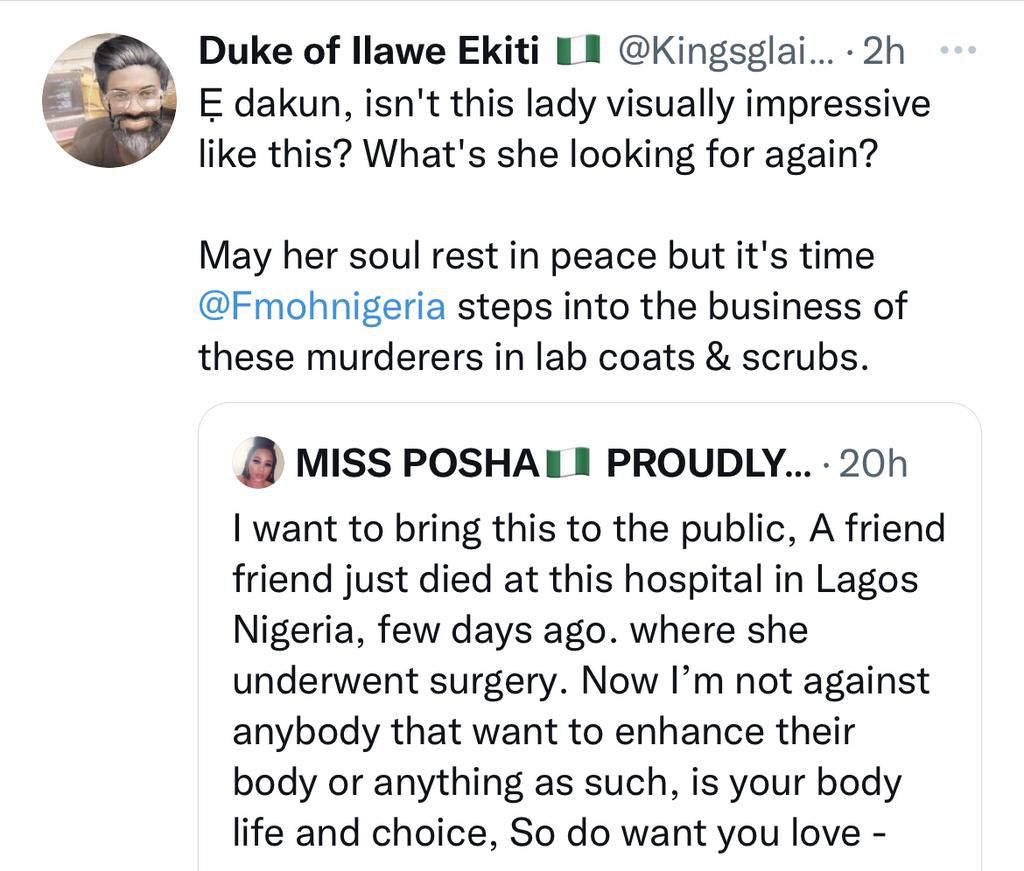 Twitter goes wild as Nigerian lady, Crystabel, dies through body enhancement surgery in Lagos