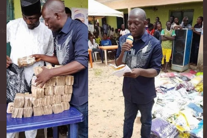 Tanko Sabo, a national delegate of the Peoples Democratic Party (PDP) from Kaduna, returned to his local government to share the money he made from the presidential primaries. [Twitter:@Dflyhalf]