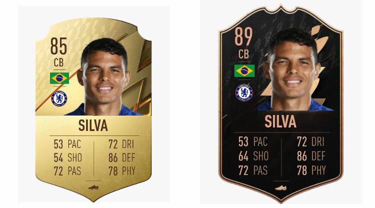 Thiago Silva FIFA 22 OPR (Left) and TOTW Upgrade (Right)