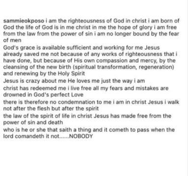 Sammie Okposo returns to Instagram, says he now free from the power of sin