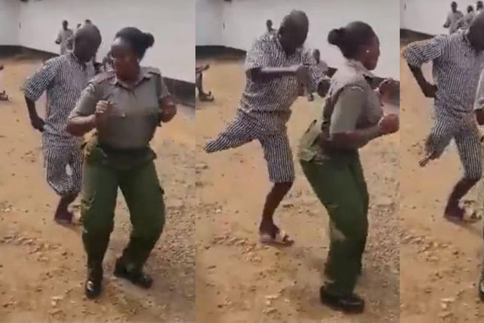 Female prison warden dances with inmate