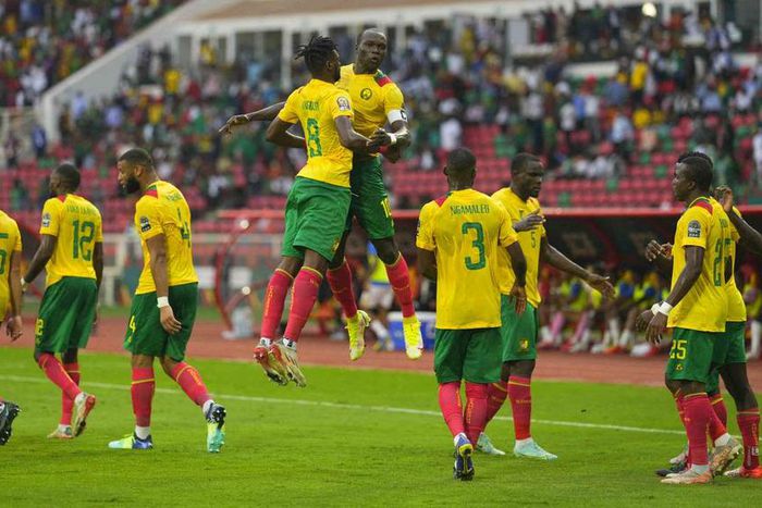 Vincent Aboubakar celebrates with Cameroonian teammates