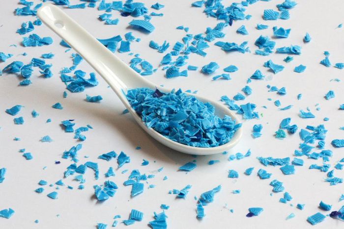 The recycled, shredded plastic in this porcelain soup spoon is equivalent to the amount of microplastics a person may consume every week, according to a 2019 analysis.
