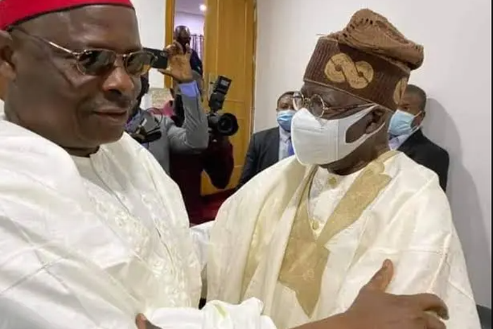 Presidential candidates of the APC and NNPP, Bola Tinubu and Musa Kwankwaso captured in a warm embrace. [Daily Trust]
