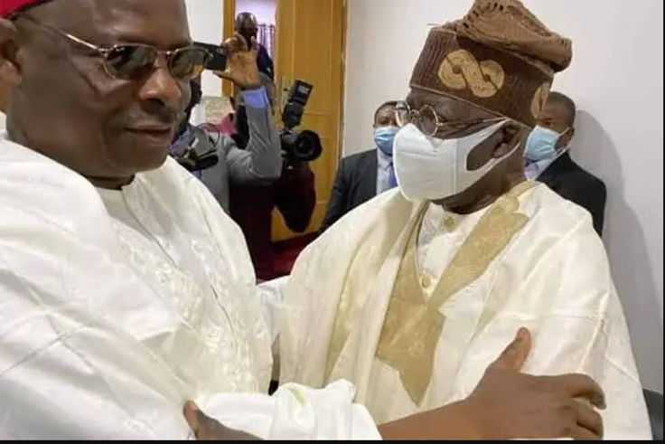 Presidential candidates of the APC and NNPP, Bola Tinubu and Musa Kwankwaso captured in a warm embrace. [Daily Trust]