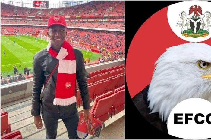 Reactions as EFCC Chairman Abdulrasheed Bawa spotted at Arsenal's Stadium for game against Manchester United